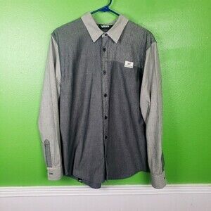 Van's Men Grey Color Block Skater Button Up Cotton Lightweight Size Medium